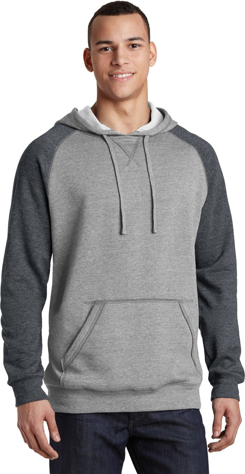Front View of H Gry/H Char District Young Mens Lightweight Fleece Raglan Hoodie. DT196