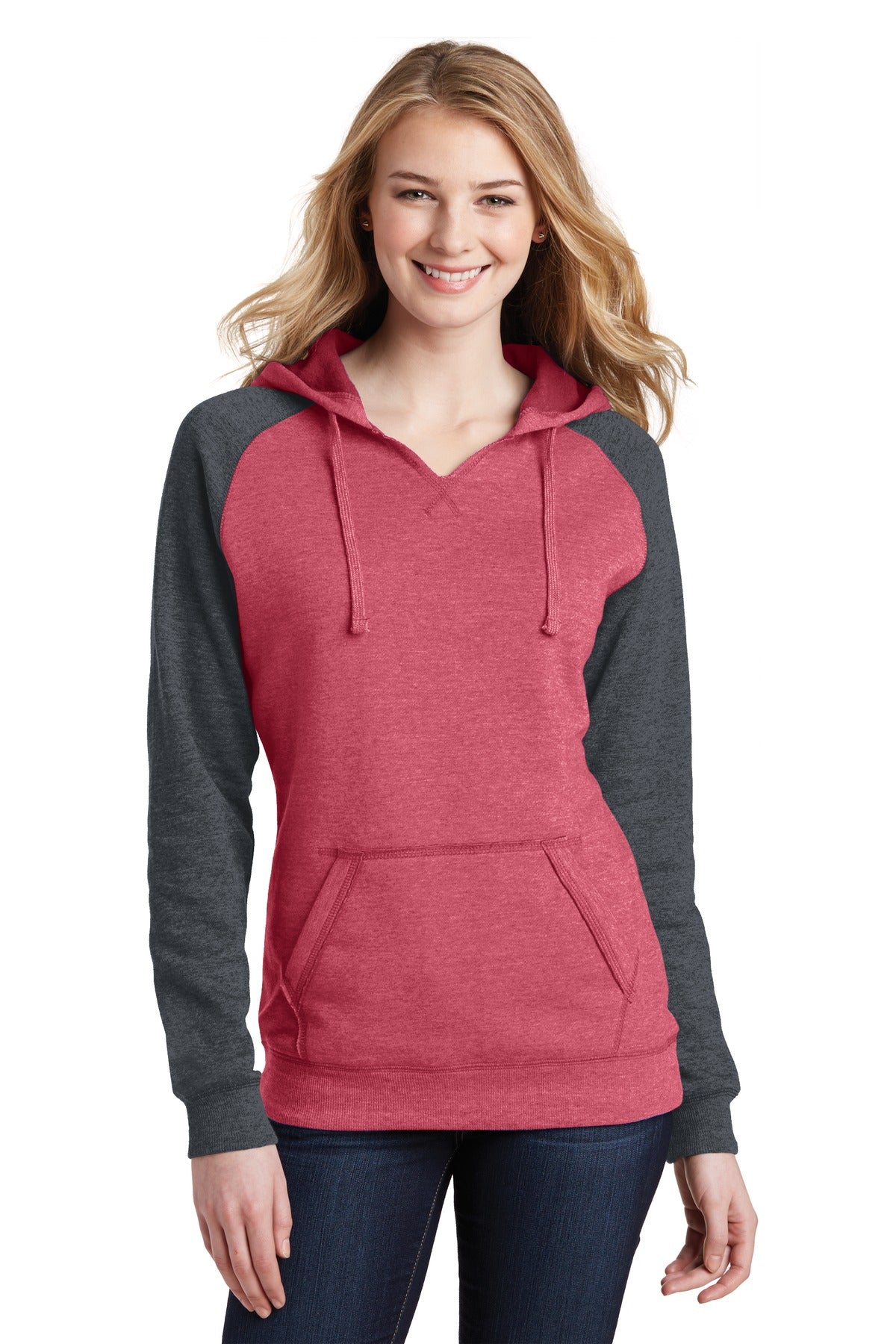 Front View of H Red/H Char District Women's Lightweight Fleece Raglan Hoodie. DT296