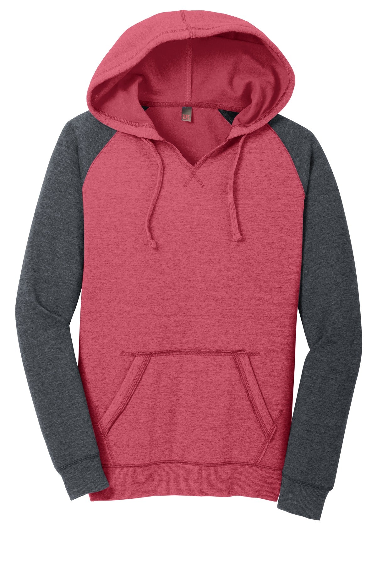 Front View of H Red/H Char District Women's Lightweight Fleece Raglan Hoodie. DT296