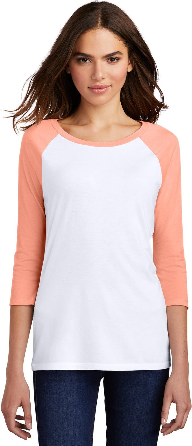Front View of He Dsty Pch/Wh District Women's Perfect Tri 3/4-Sleeve Raglan. DM136L