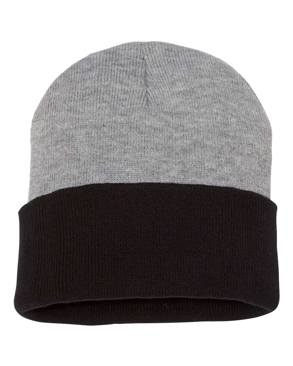 Front View of Heather/ Black 12" Color Blocked Cuffed Beanie - SP12T