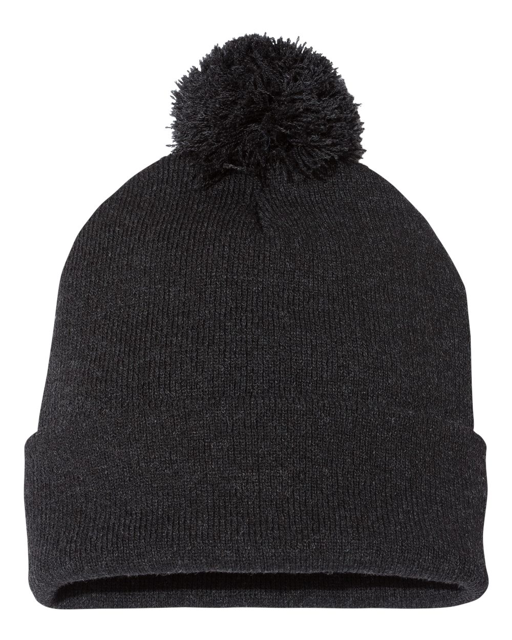 Front View of Heather Charcoal 12" Pom-Pom Cuffed Beanie - SP15