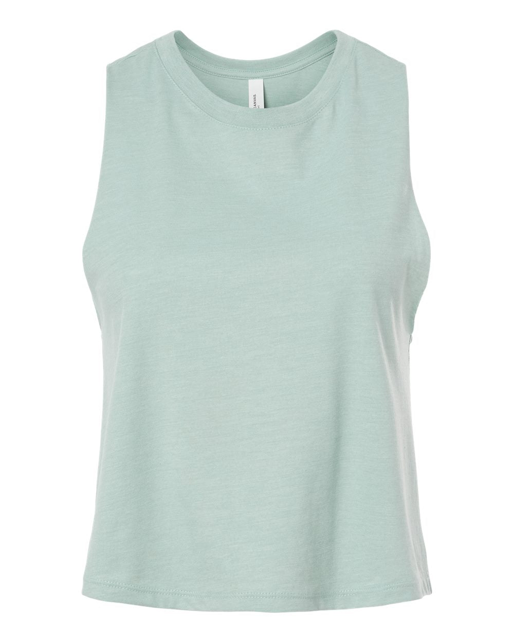Front View of Heather Dusty Blue Women's Racerback Crop Tank - 6682