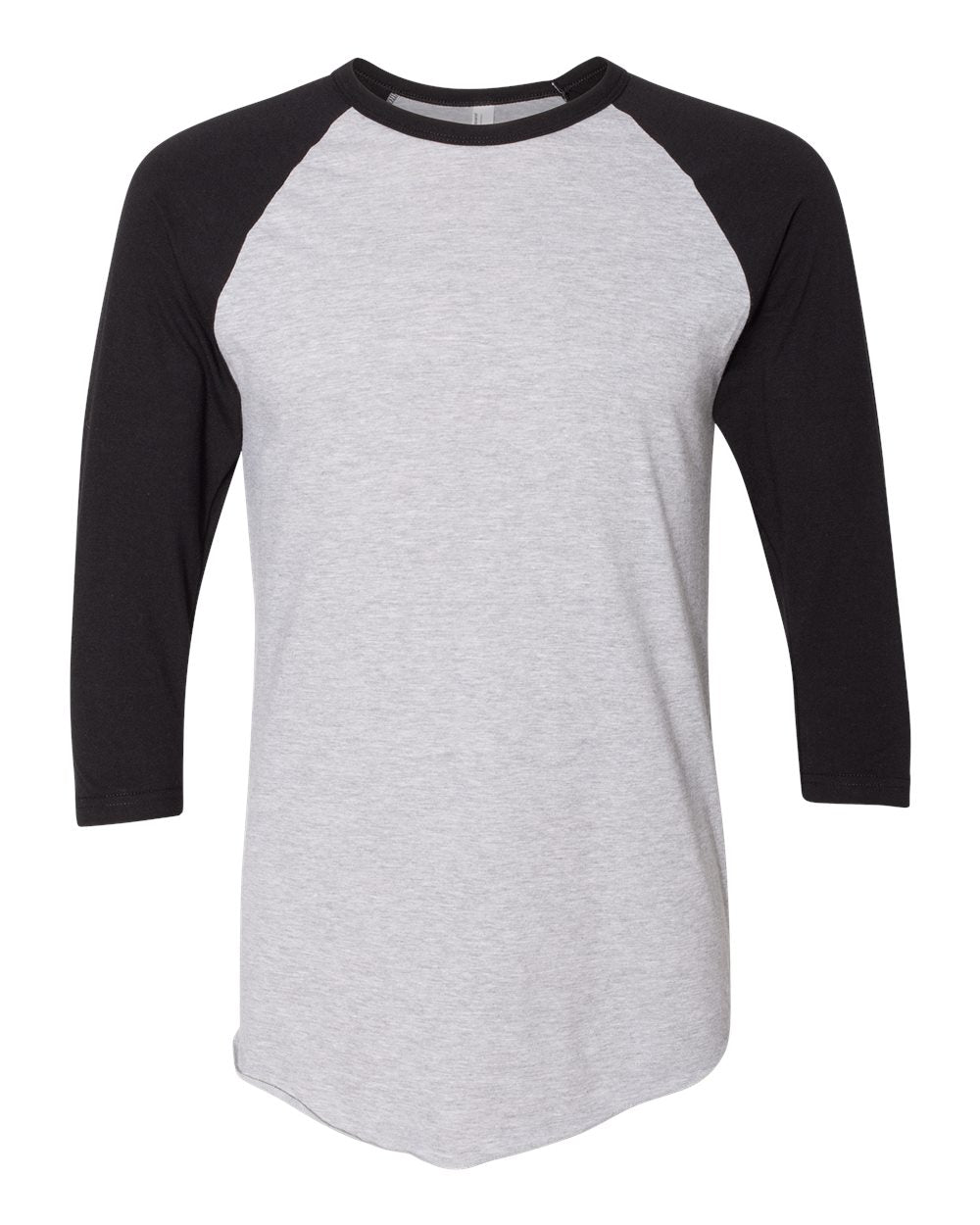 Front View of Heather Grey/ Black 50/50 Raglan Three-Quarter Sleeve Tee - BB453W