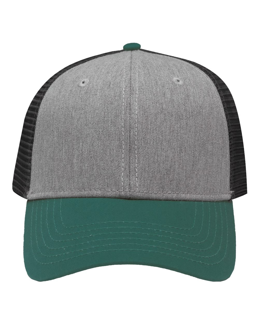 Front View of Heather Grey/ Charcoal/ Forest Green Traditional Lo-Pro Mesh Back Trucker Fit Cap - SP1450