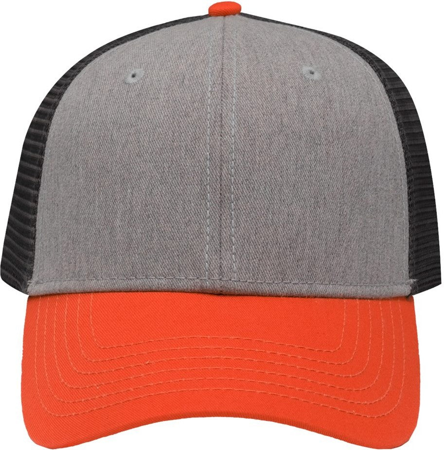 Front View of Heather Grey/ Charcoal/ Orange Traditional Lo-Pro Mesh Back Trucker Fit Cap - SP1450