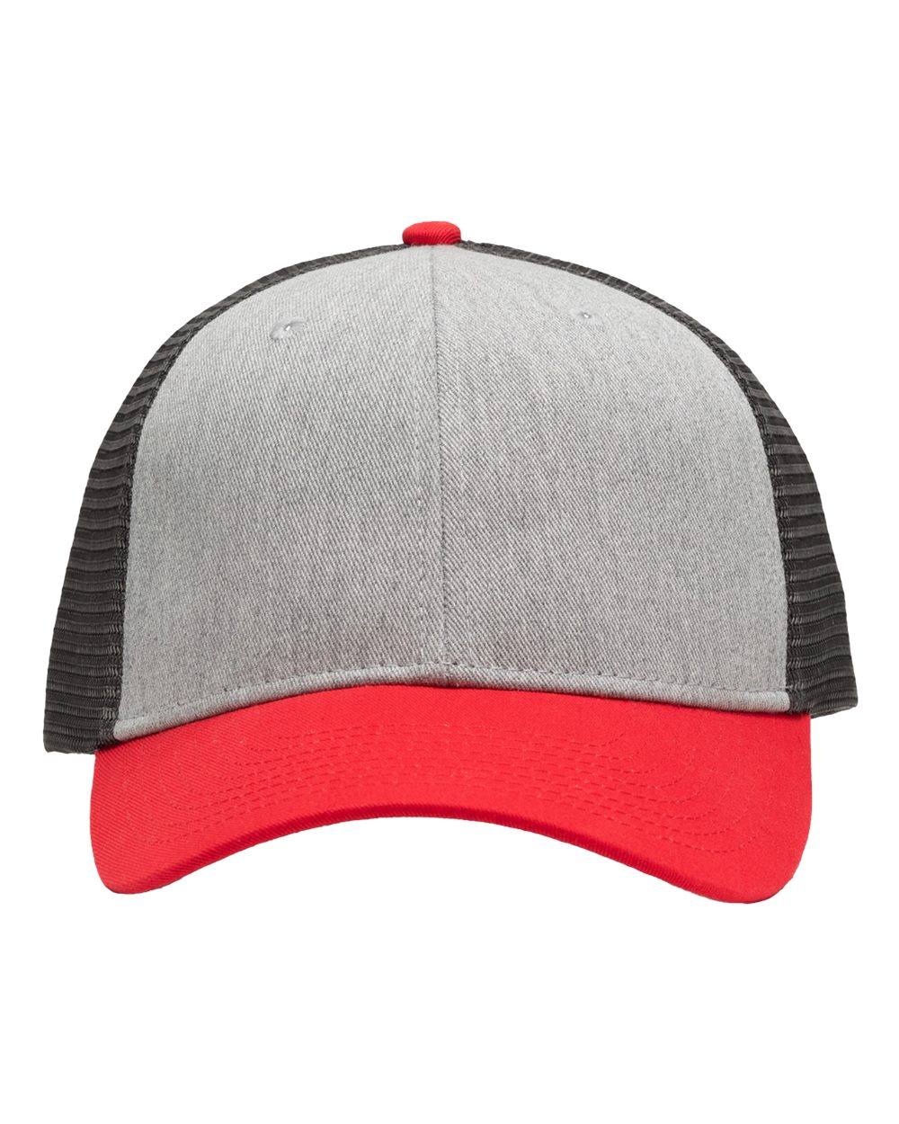 Front View of Heather Grey/ Charcoal/ Red Traditional Lo-Pro Mesh Back Trucker Fit Cap - SP1450