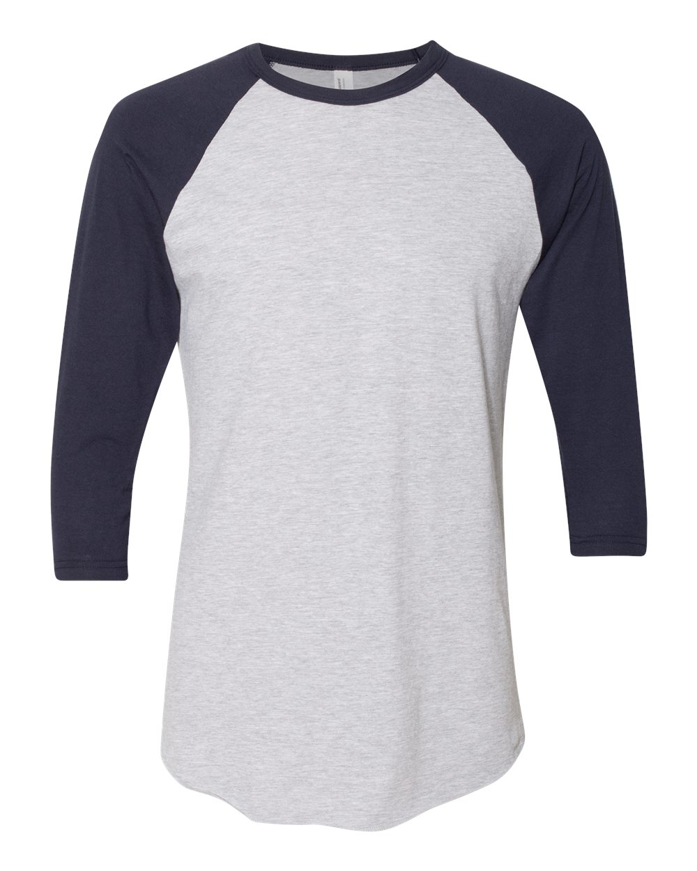 Front View of Heather Grey/ Navy 50/50 Raglan Three-Quarter Sleeve Tee - BB453W