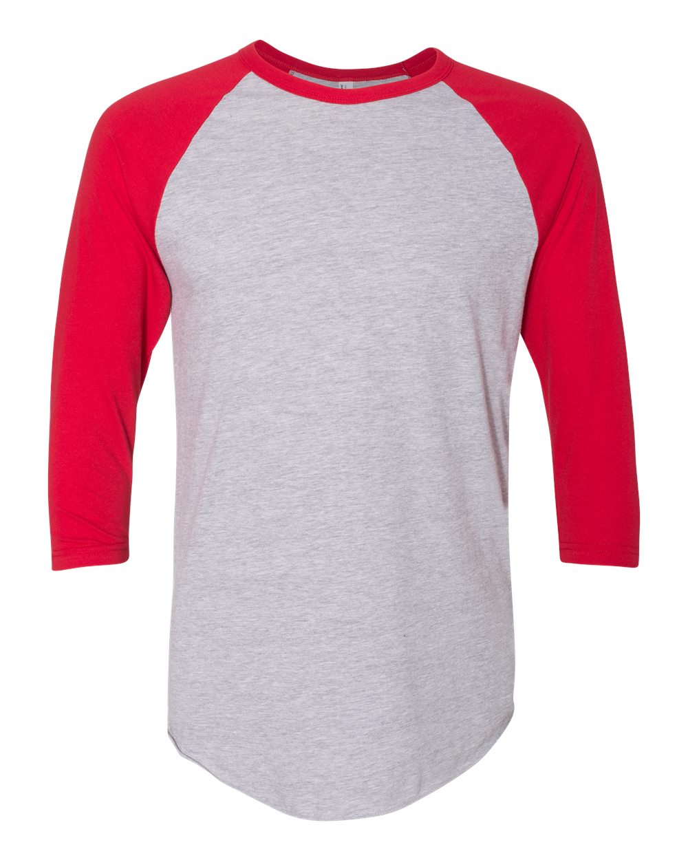 Front View of Heather Grey/ Red 50/50 Raglan Three-Quarter Sleeve Tee - BB453W