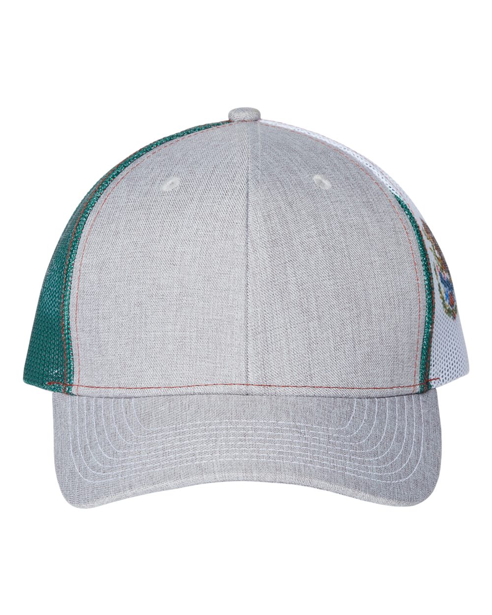 Front View of Heather Grey/ Red/ Mexico Flag Printed Mesh Trucker Cap - S700M