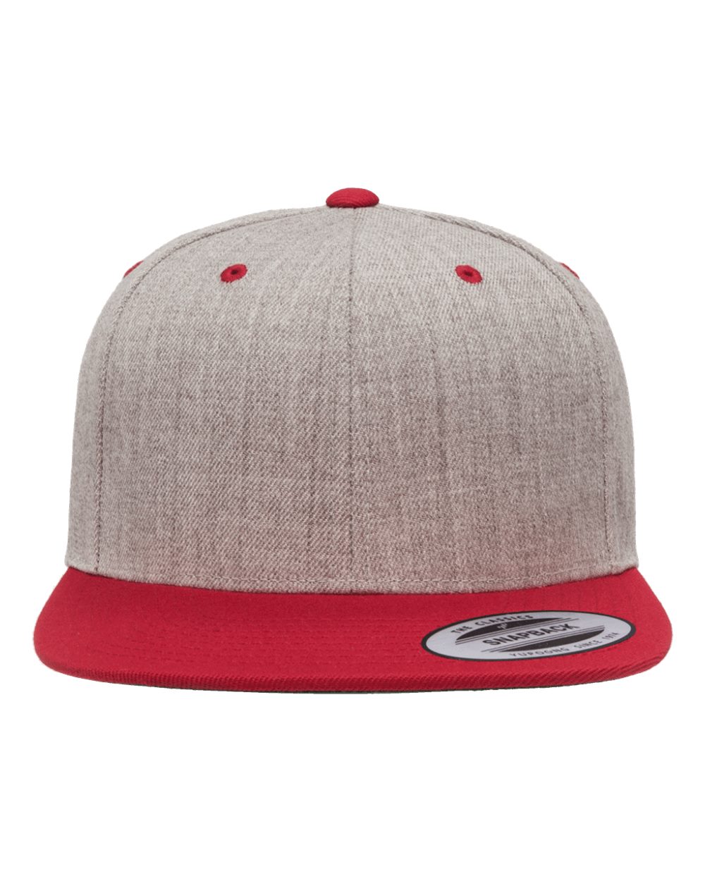 Front View of Heather Grey/ Red Premium Flat Bill Snapback Cap - 6089M