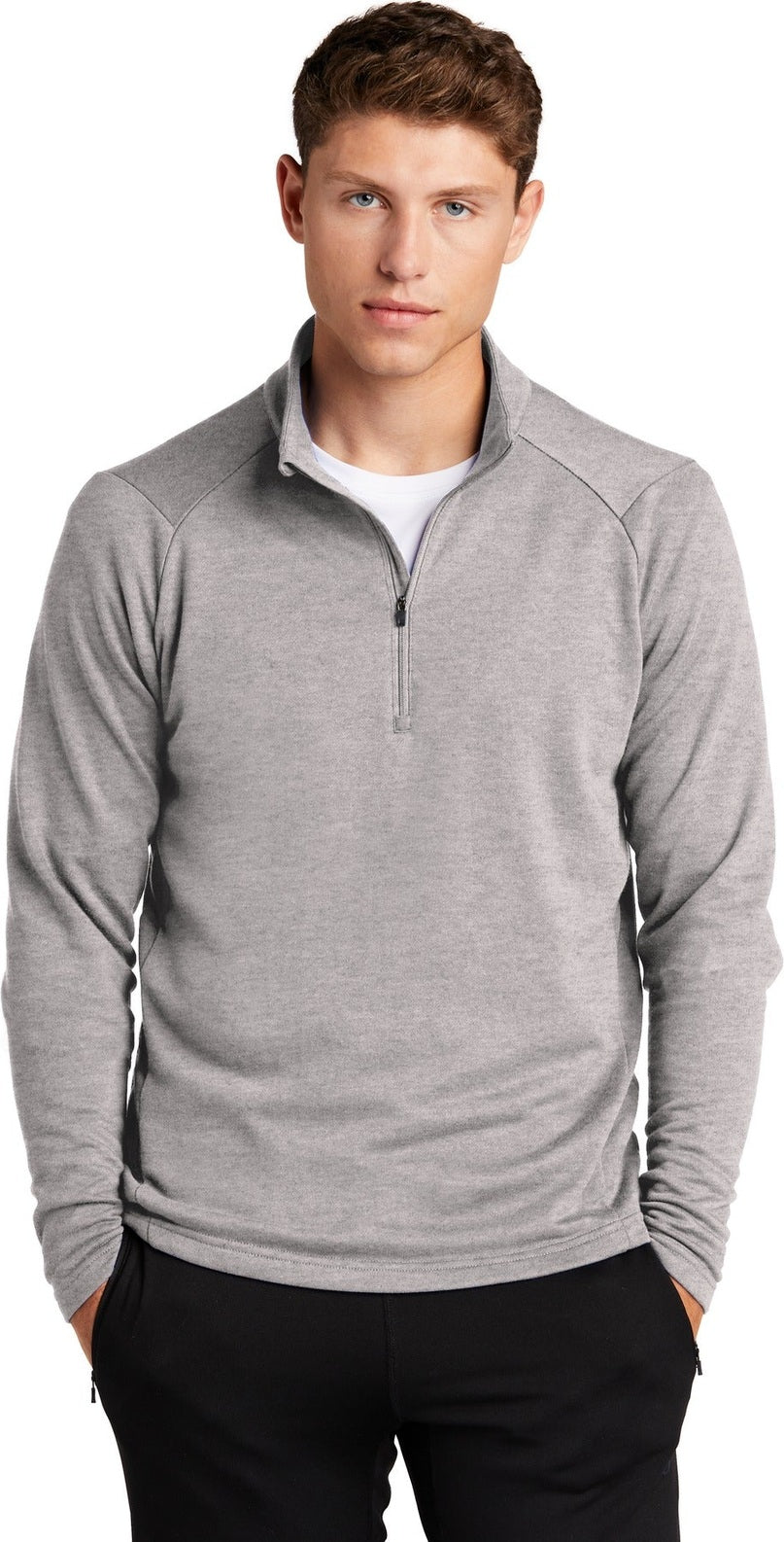Front View of Heather Grey Sport-Tek Lightweight French Terry 1/4-Zip Pullover. ST273