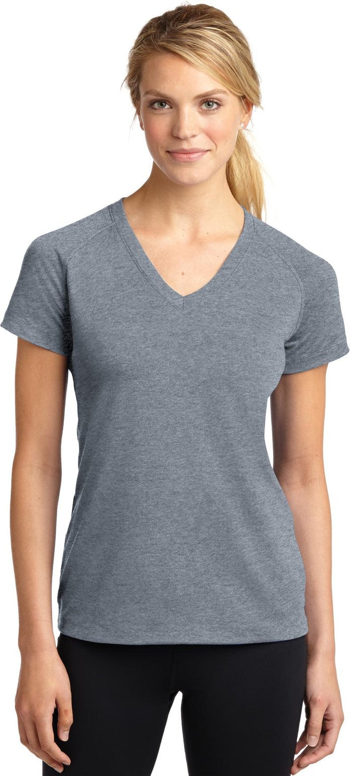 Front View of Heather Grey Sport-Tek Women's Ultimate Performance V-Neck. LST700