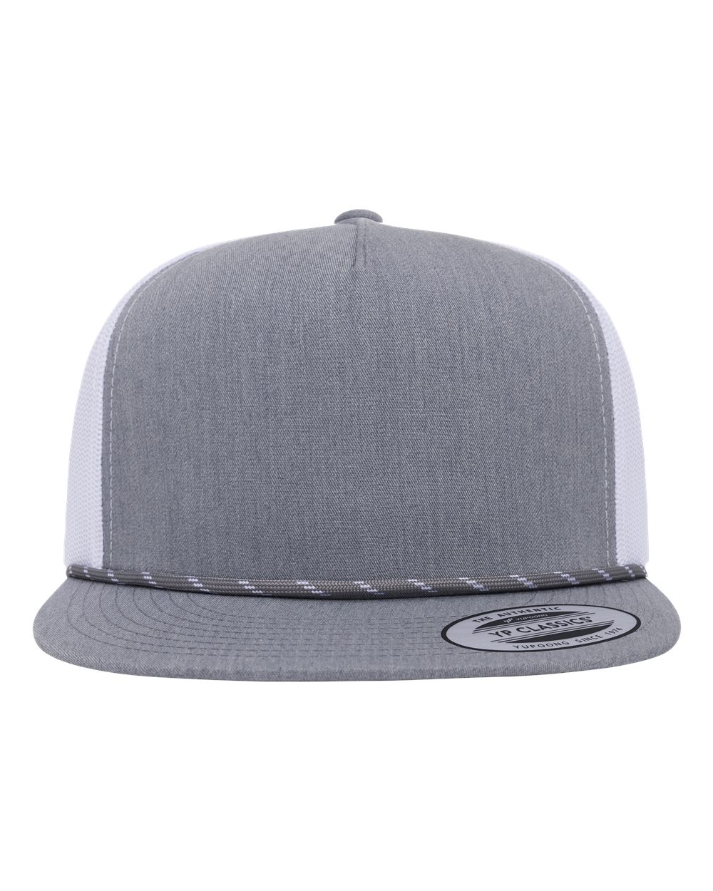 Front View of Heather Grey/ White Classic Five-Panel Trucker Rope Cap - 6006BD plain