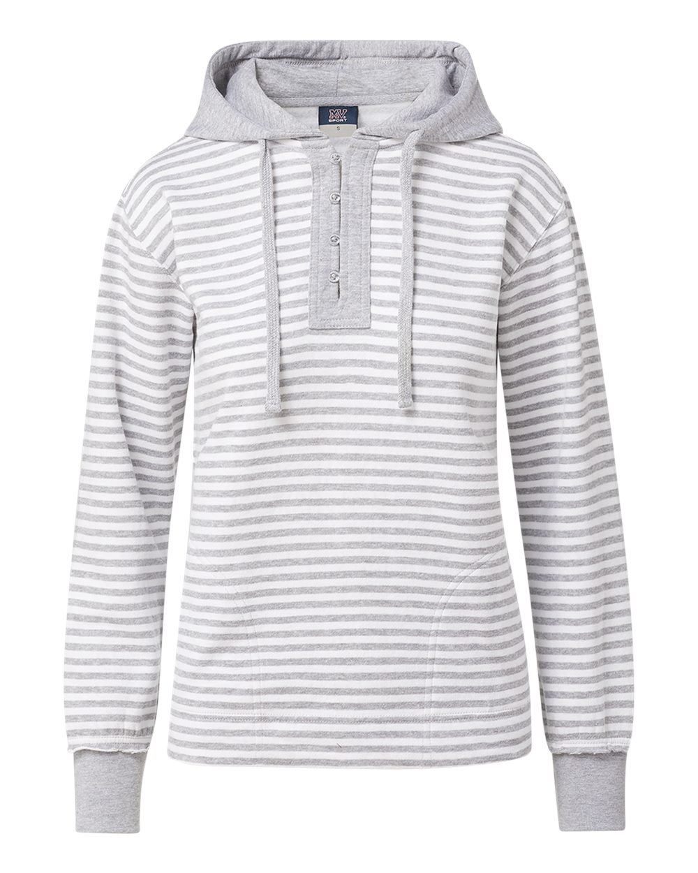 Front View of Heather Grey/ White Stripe Women's Alina Henley Hooded Sweatshirt - W24128