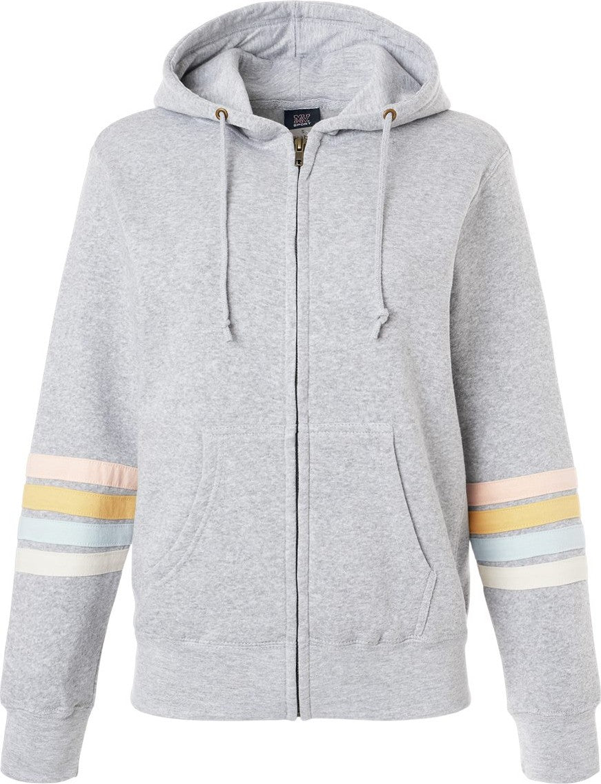 Front View of Heather Grey Women's Striped Sleeves Full-Zip Hooded Sweatshirt - W22732