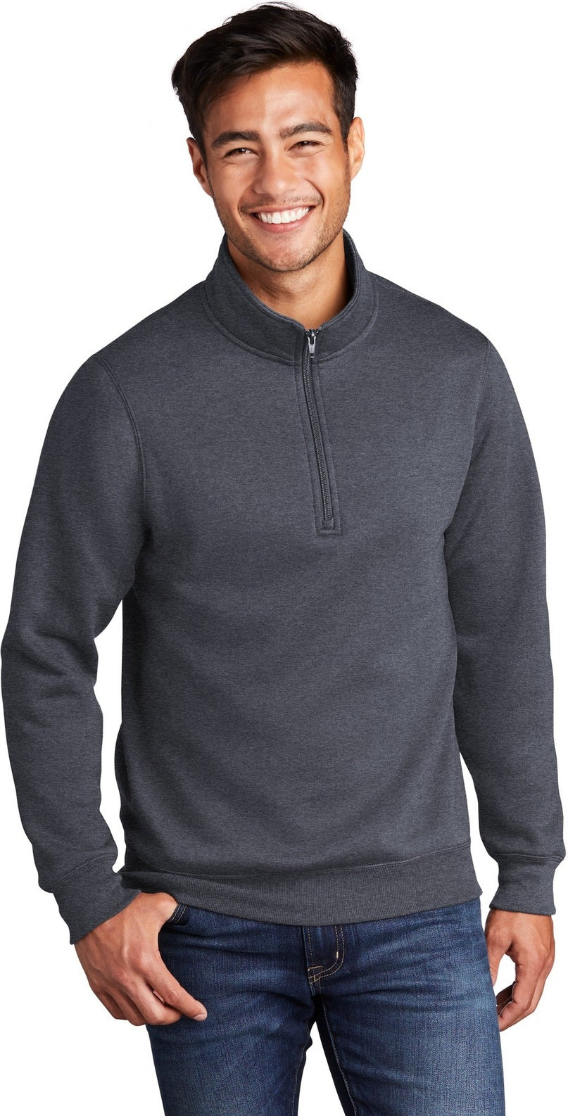 Front View of Heather Navy Port & Co Core Fleece 1/4-Zip Pullover Sweatshirt PC78Q