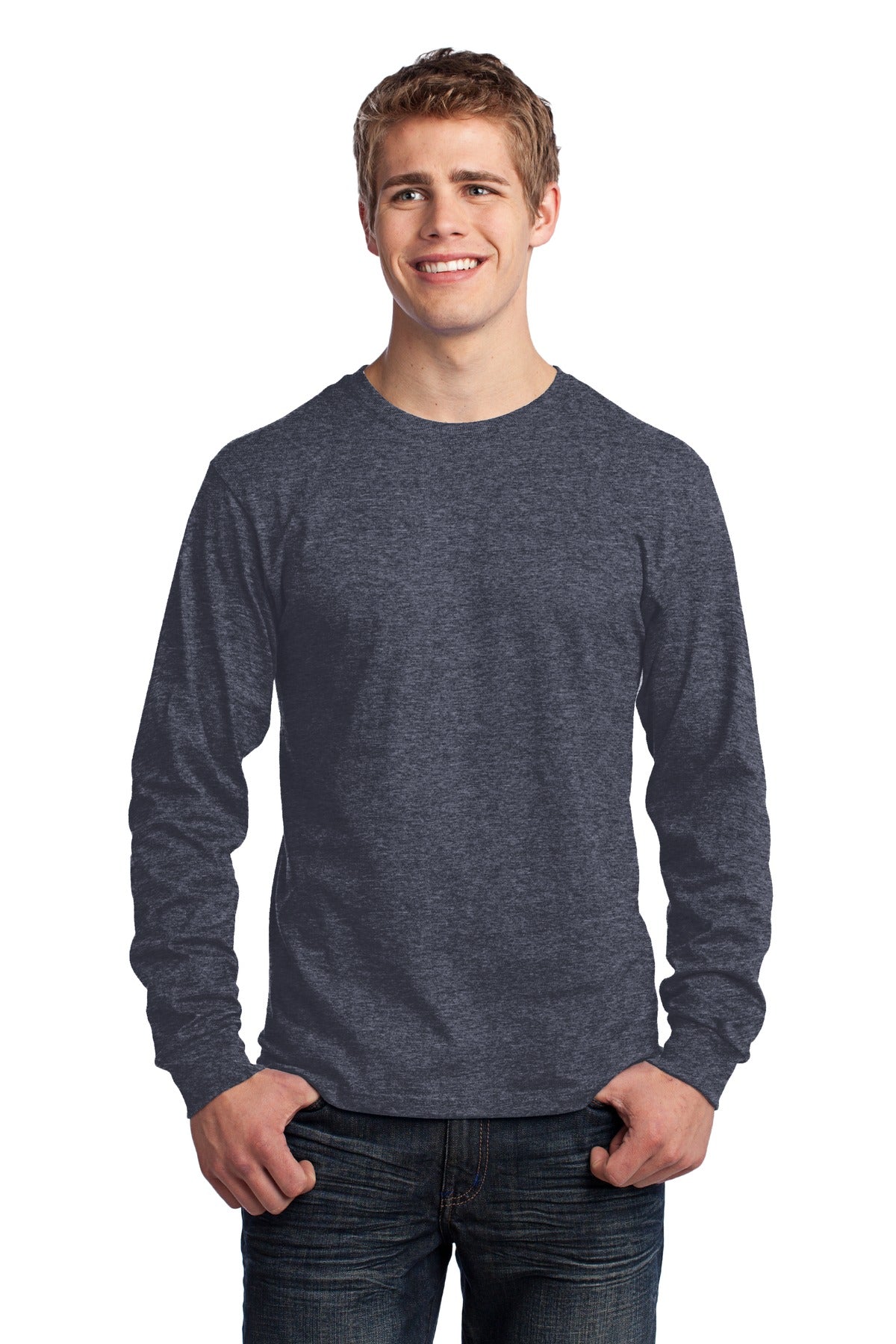 Front View of Heather Navy Port & Co Long Sleeve Core Cotton Tee. PC54LS