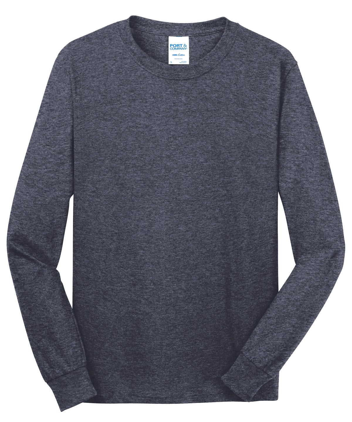 Front View of Heather Navy Port & Co Long Sleeve Core Cotton Tee. PC54LS