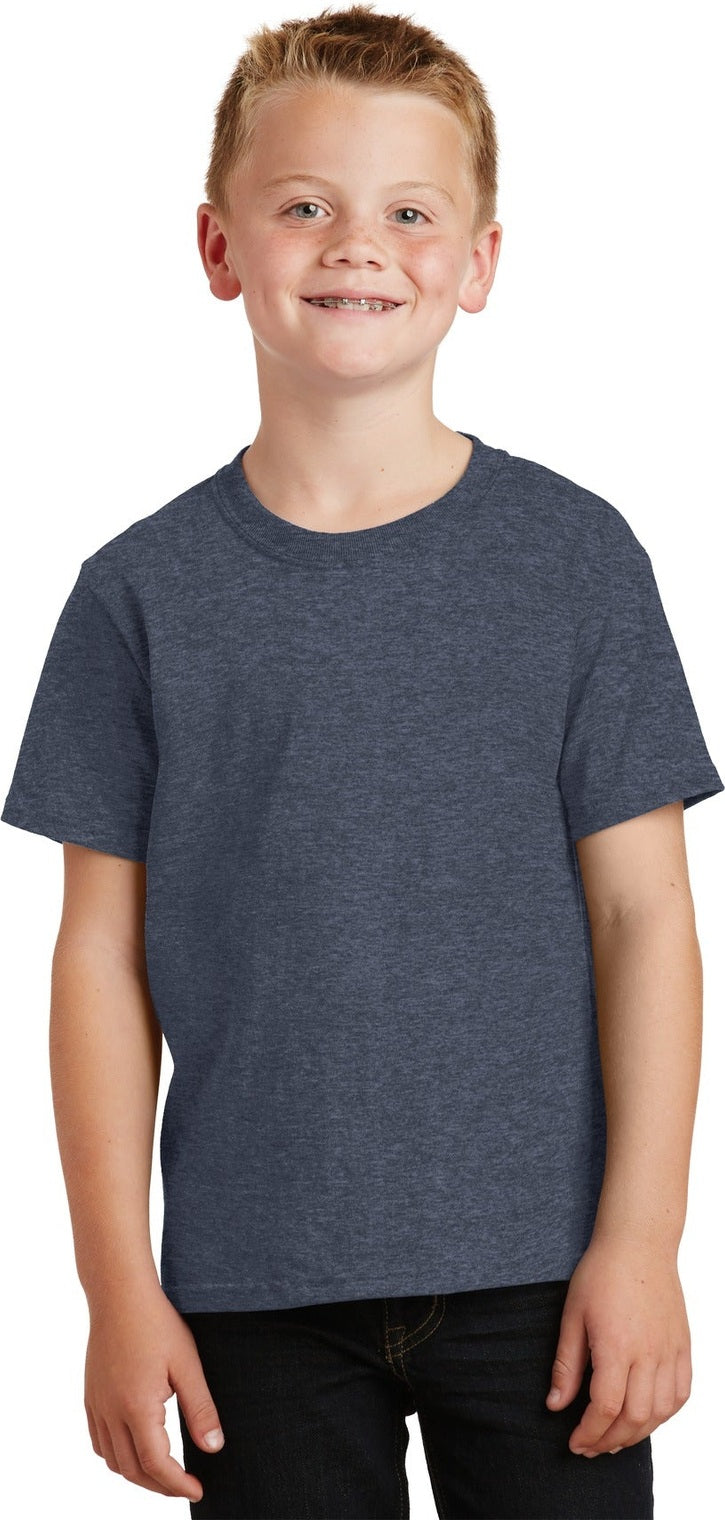 Front View of Heather Navy Port & Co Youth Core Cotton Tee. PC54Y
