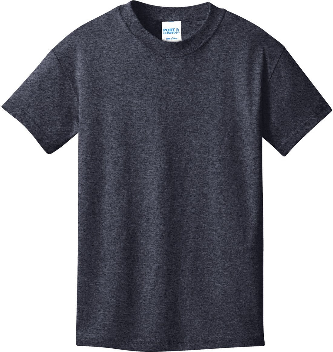 Front View of Heather Navy Port & Co Youth Core Cotton Tee. PC54Y