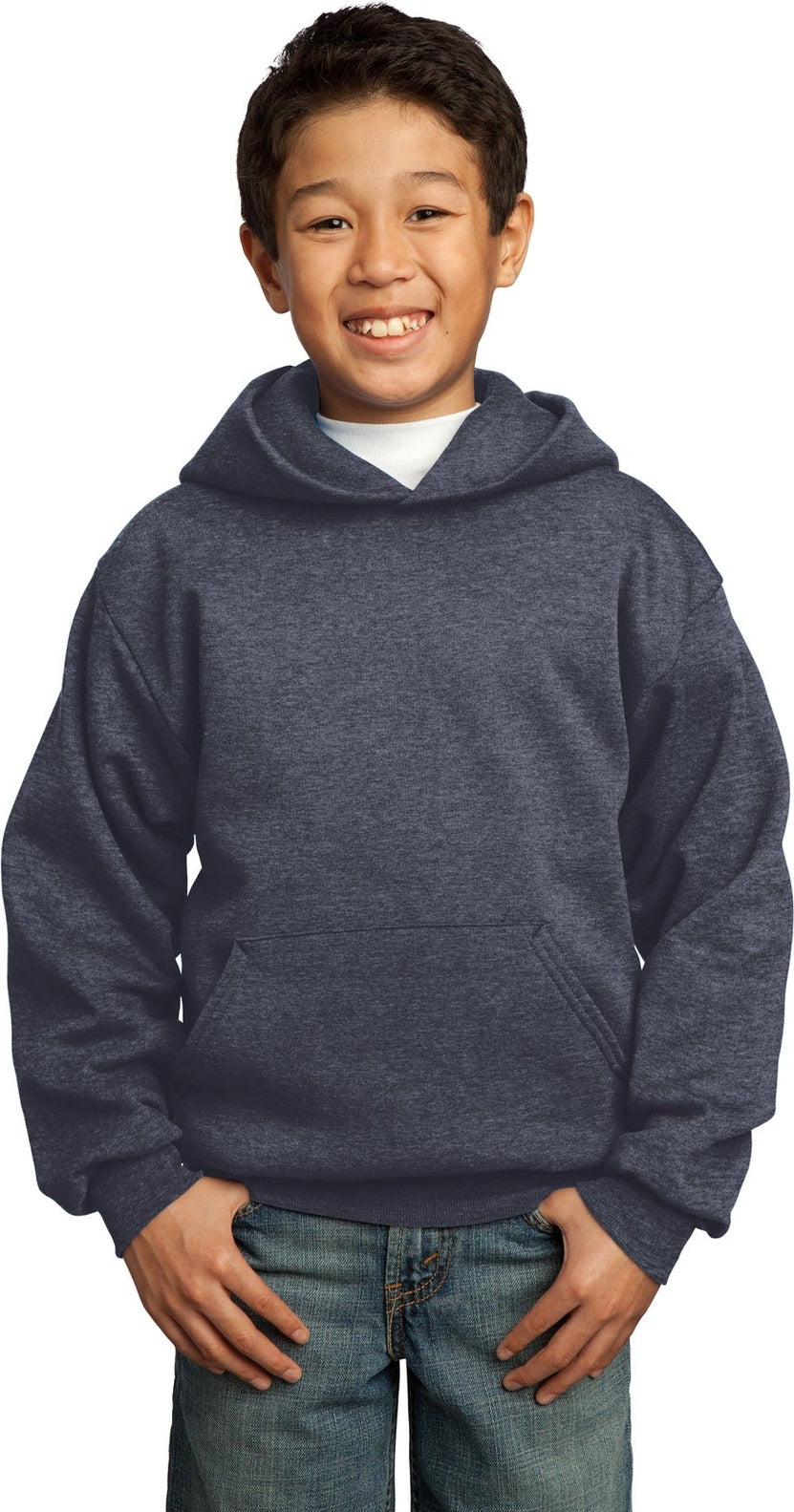 Front View of Heather Navy Port & Co Youth Core Fleece Pullover Hooded Sweatshirt. PC90YH