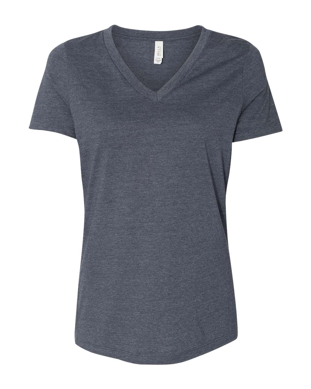 Front View of Heather Navy Women's Relaxed Heather CVC V-Neck Tee - 6405CVC