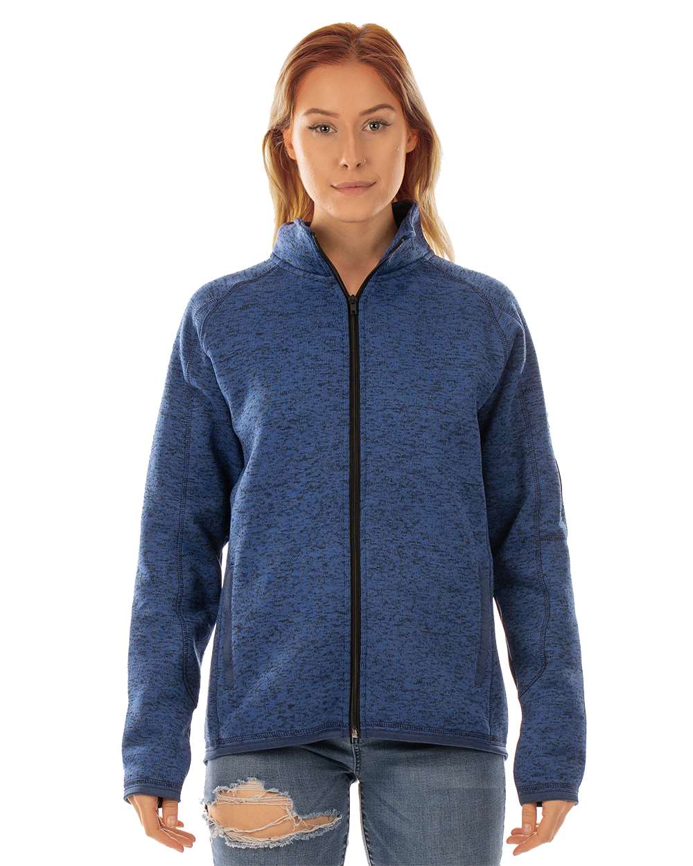 Front View of Heather Navy Women&#39;s Sweater Knit Jacket - 5901