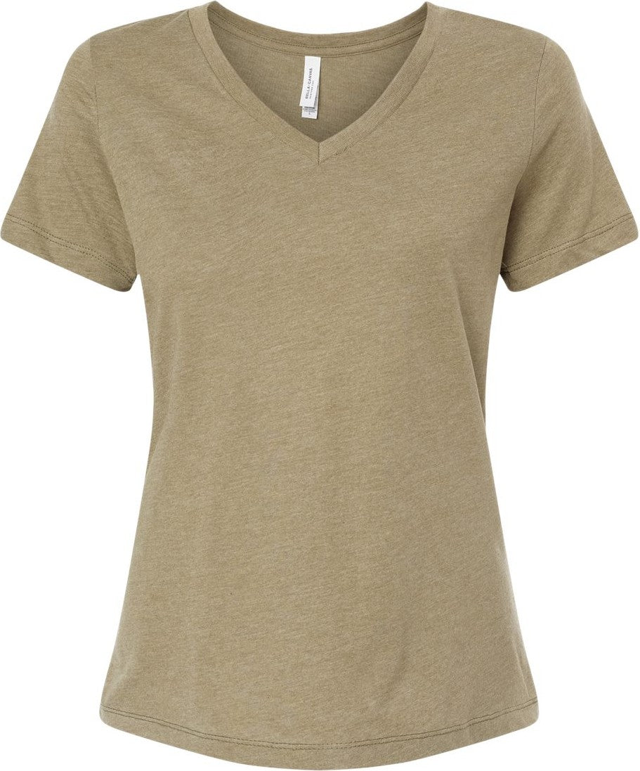 Front View of Heather Olive Women's Relaxed Heather CVC V-Neck Tee - 6405CVC