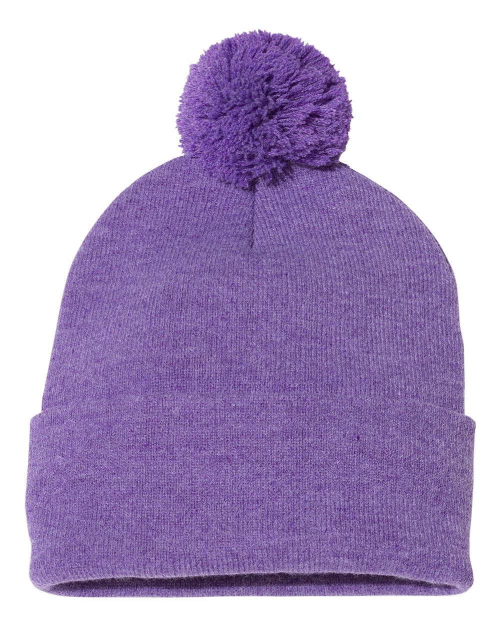 Front View of Heather Purple 12" Pom-Pom Cuffed Beanie - SP15