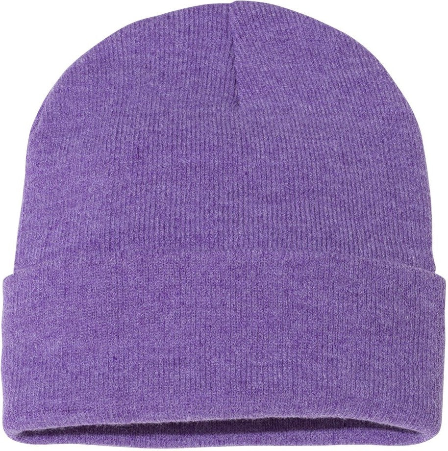 Front View of Heather Purple 12" Solid Cuffed Beanie - SP12