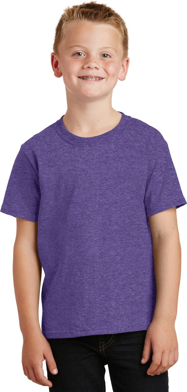 Front View of Heather Purple Port & Co Youth Core Cotton Tee. PC54Y
