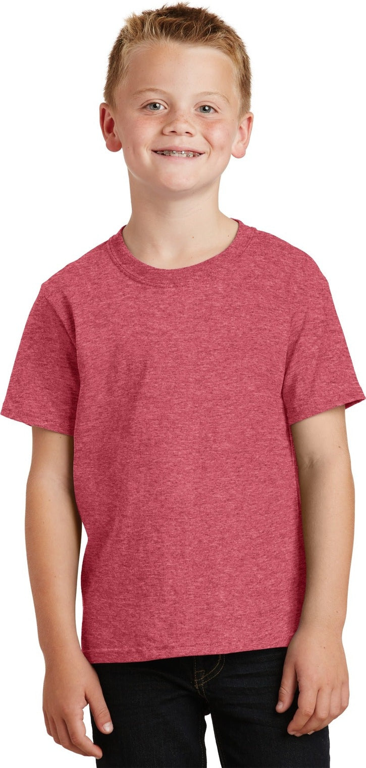 Front View of Heather Red Port & Co Youth Core Cotton Tee. PC54Y