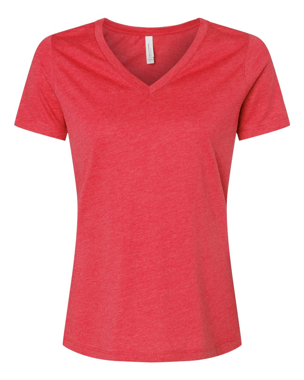 Front View of Heather Red Women's Relaxed Heather CVC V-Neck Tee - 6405CVC