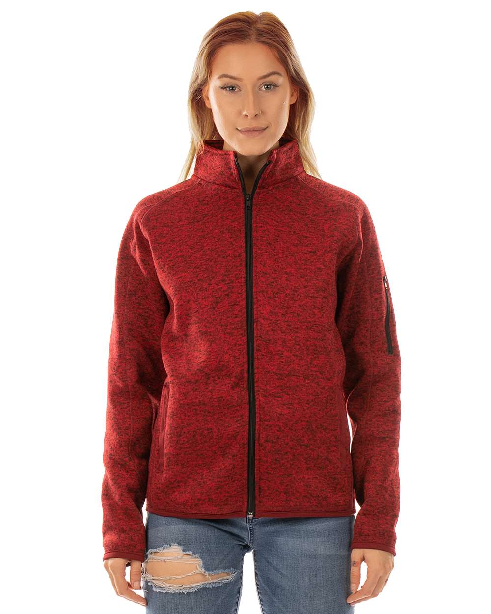 Front View of Heather Red Women&#39;s Sweater Knit Jacket - 5901