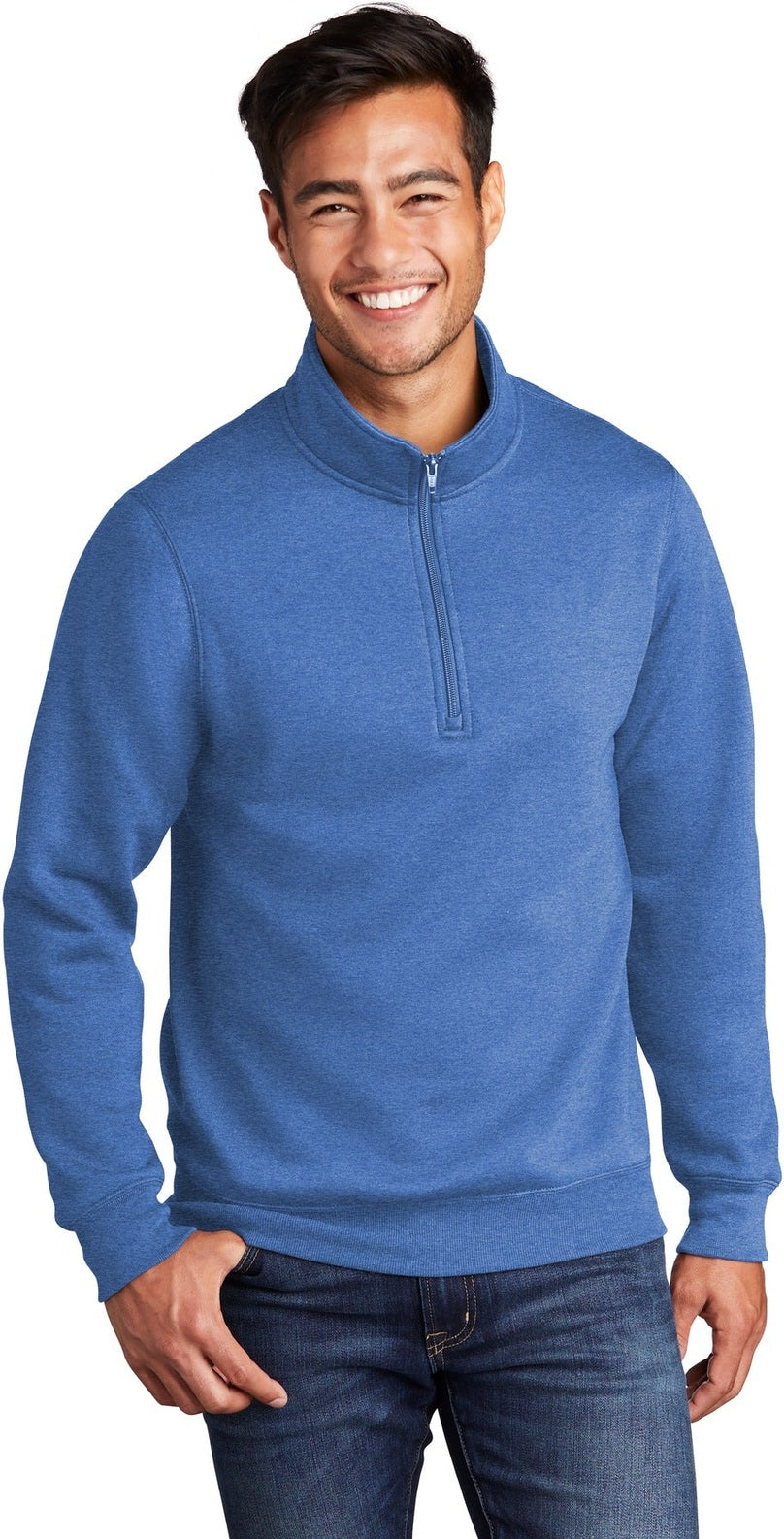 Front View of Heather Royal Port & Co Core Fleece 1/4-Zip Pullover Sweatshirt PC78Q