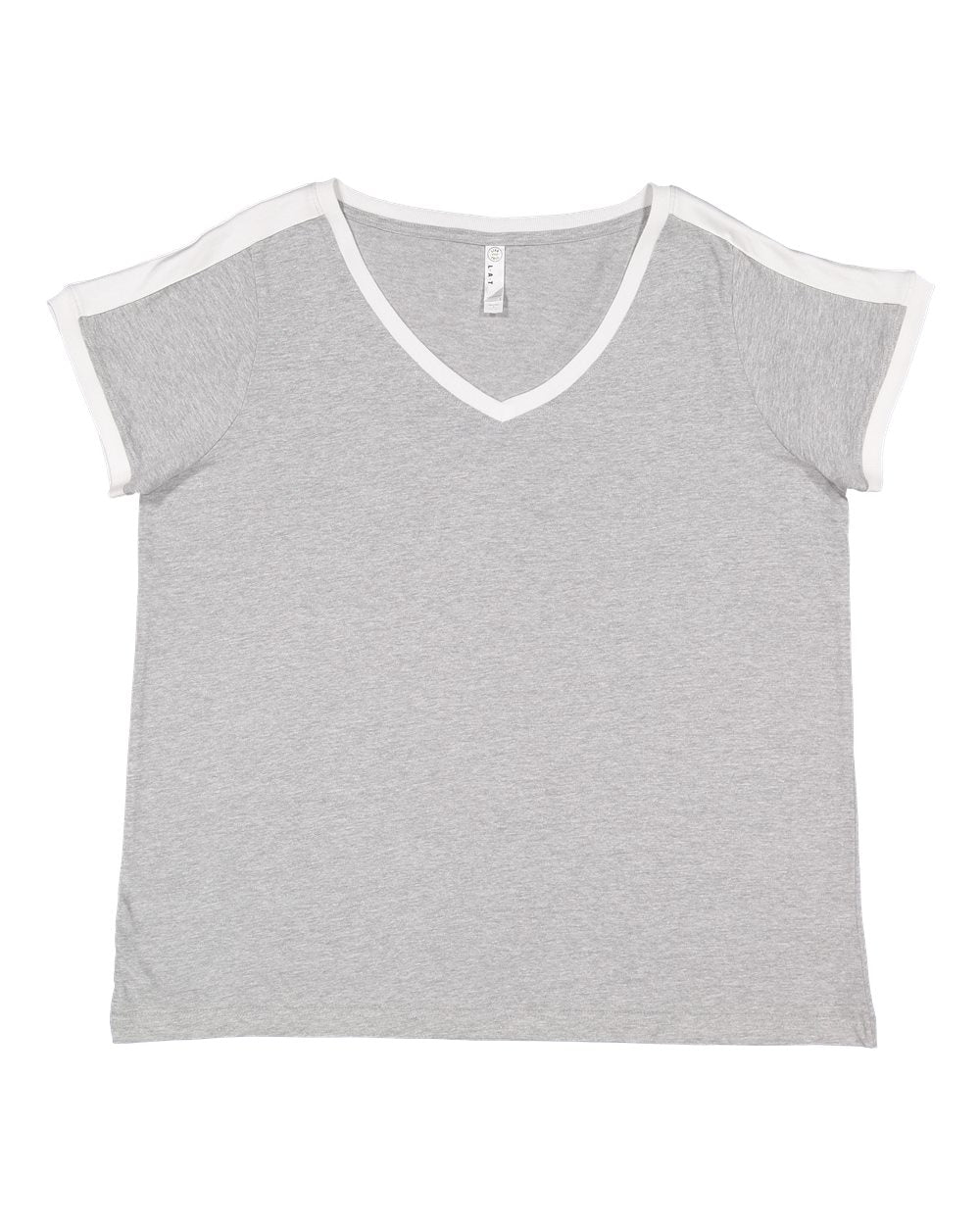 Front View of Heather/ White Women's Curvy Retro Ringer Premium Jersey V-Neck Tee - 3832