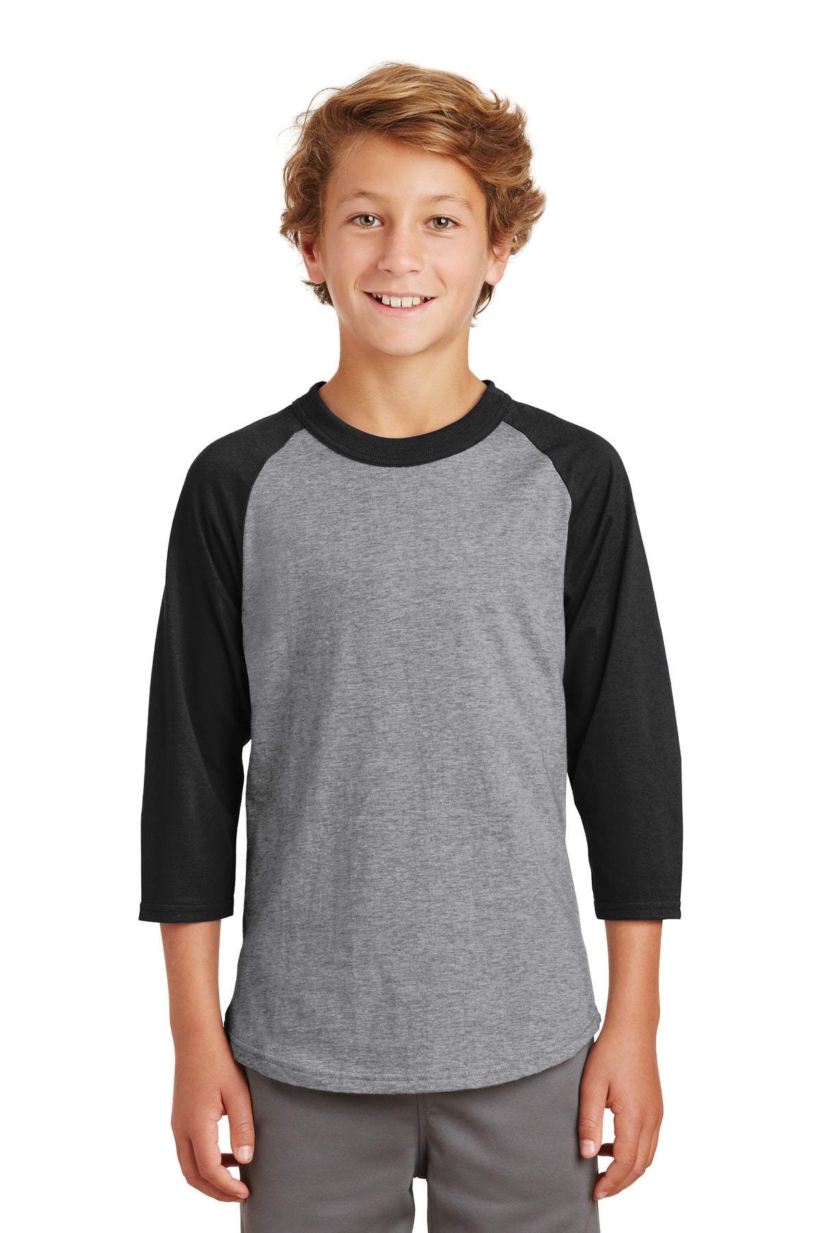 Front View of Heathr/Gry/Blk Sport-Tek Youth Colorblock Raglan Jersey. YT200
