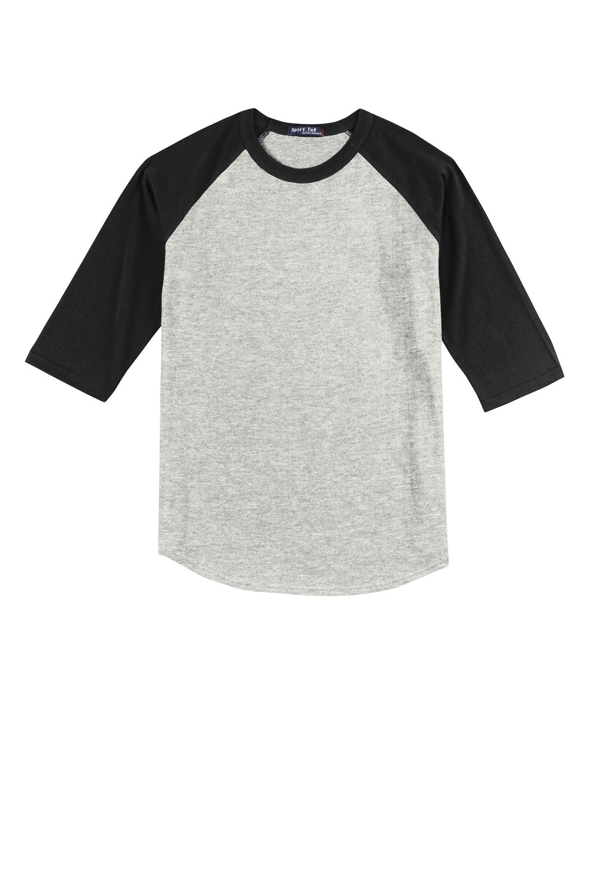 Front View of Heathr/Gry/Blk Sport-Tek Youth Colorblock Raglan Jersey. YT200