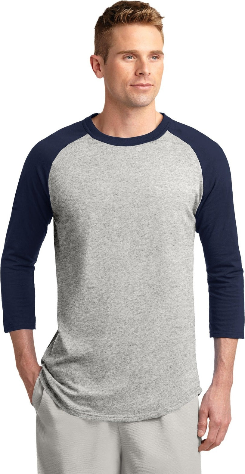 Front View of Heathr/Gry/Nvy Sport-Tek Colorblock Raglan Jersey. T200