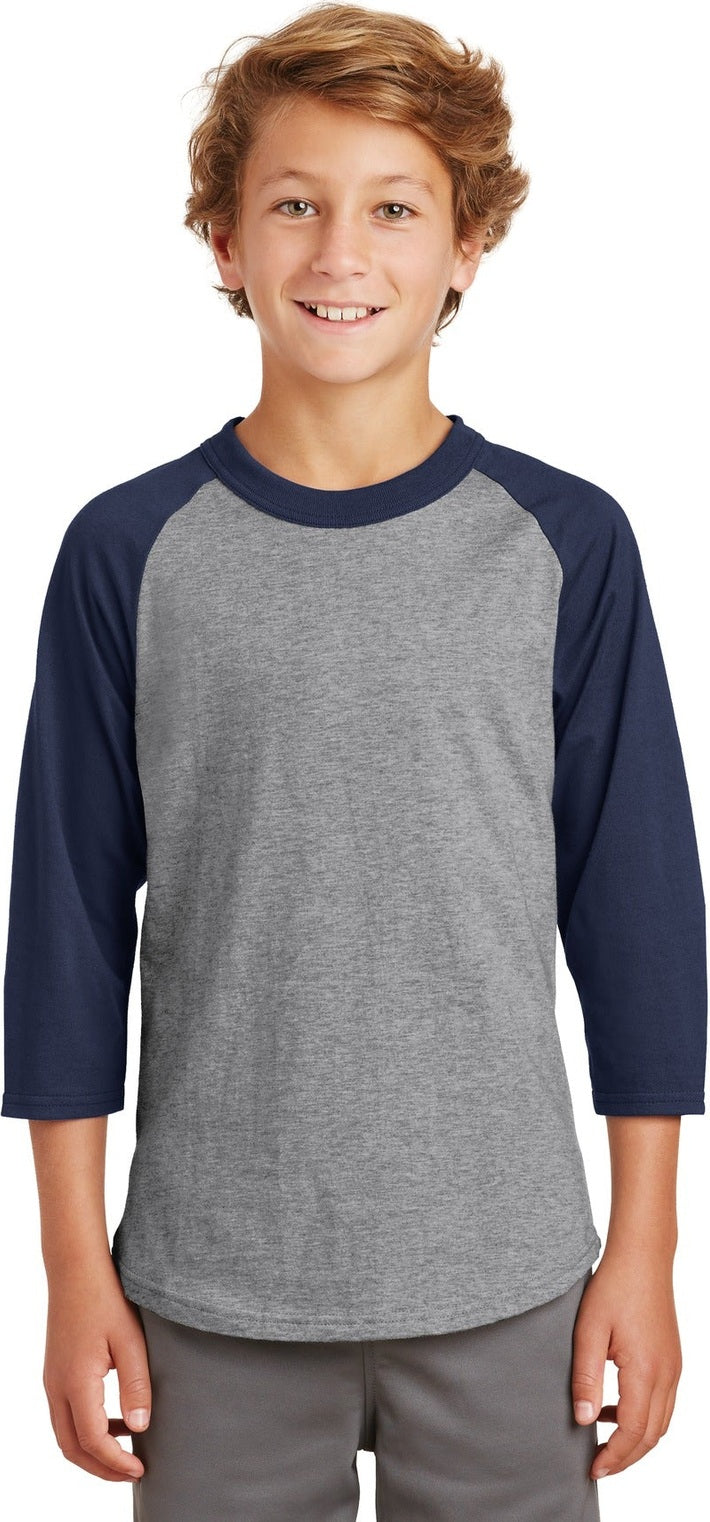 Front View of Heathr/Gry/Nvy Sport-Tek Youth Colorblock Raglan Jersey. YT200