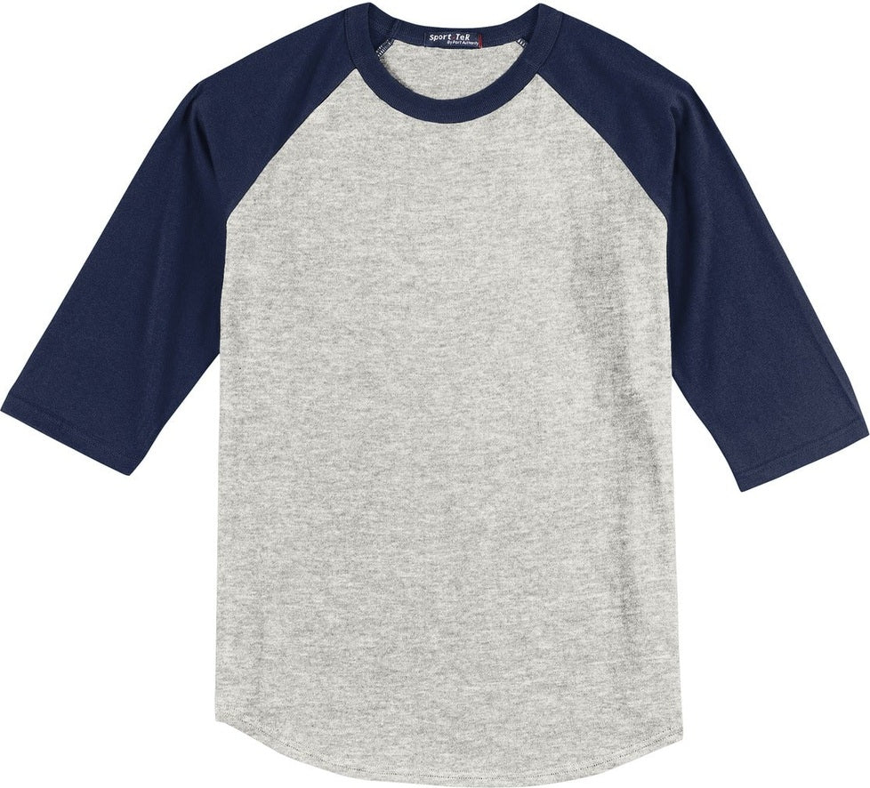 Front View of Heathr/Gry/Nvy Sport-Tek Youth Colorblock Raglan Jersey. YT200