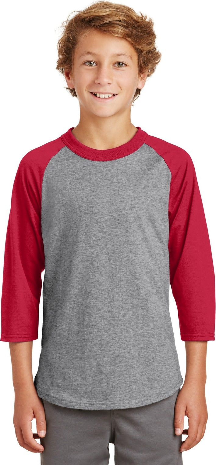 Front View of Heathr/Gry/Red Sport-Tek Youth Colorblock Raglan Jersey. YT200