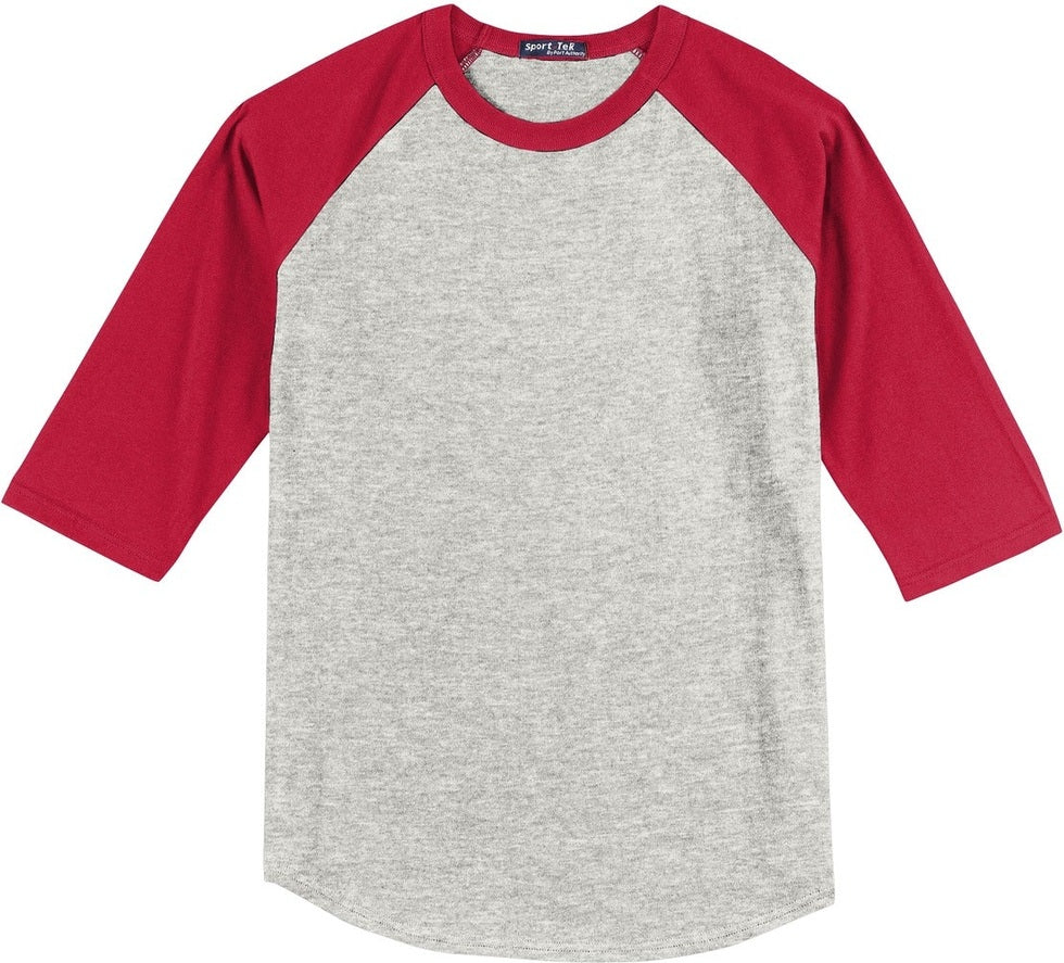 Front View of Heathr/Gry/Red Sport-Tek Youth Colorblock Raglan Jersey. YT200
