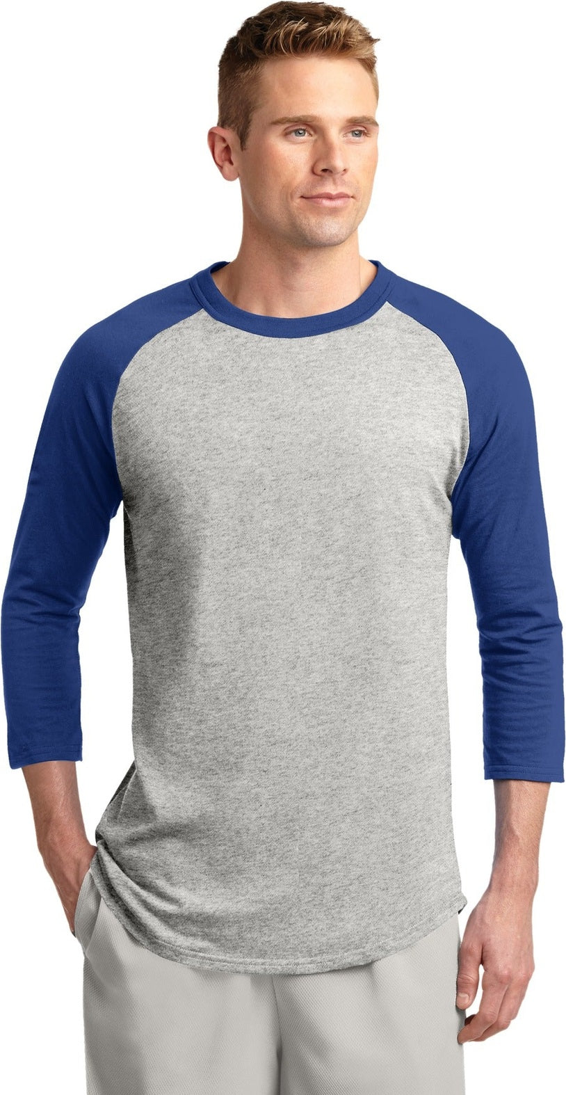 Front View of Heathr/Gry/Roy Sport-Tek Colorblock Raglan Jersey. T200