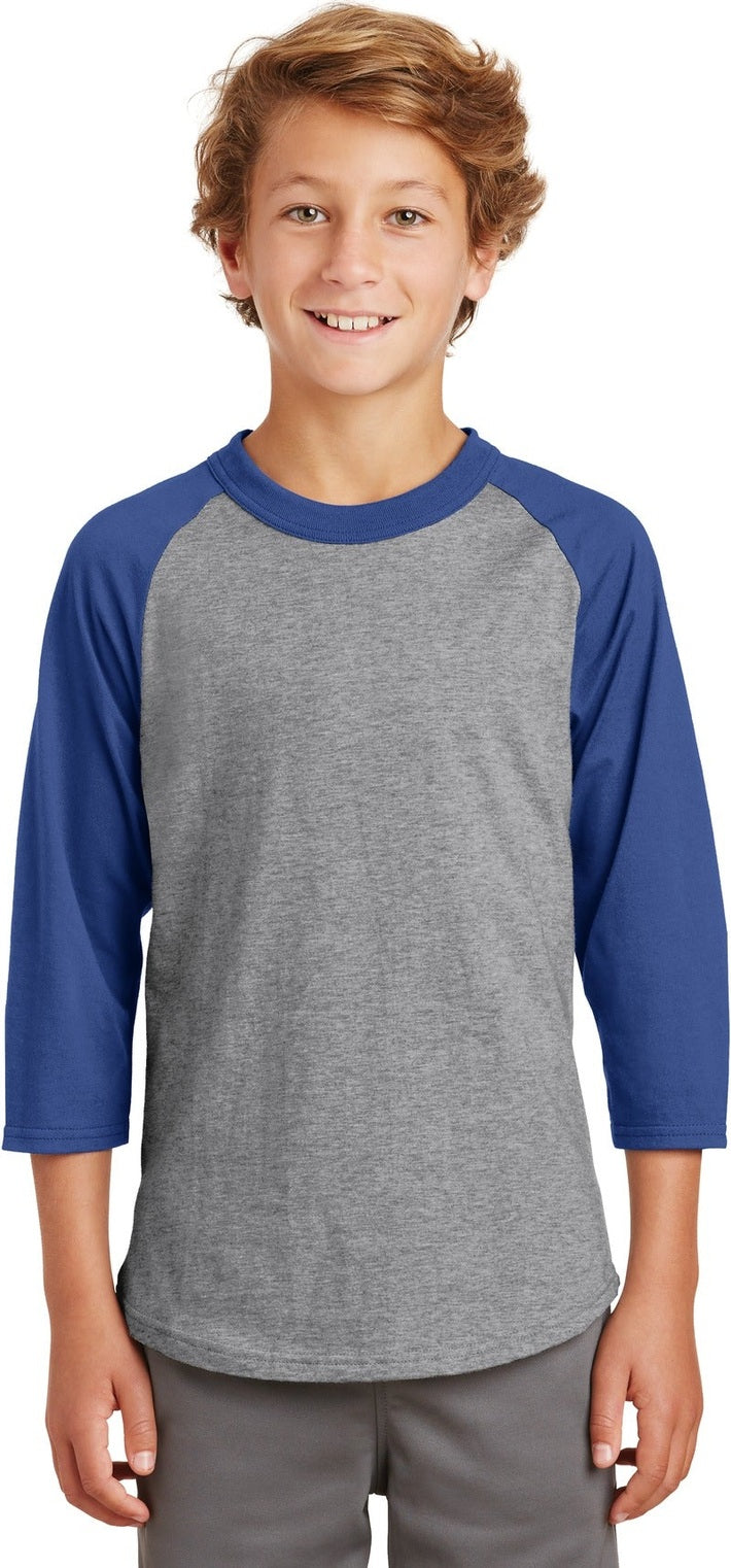 Front View of Heathr/Gry/Roy Sport-Tek Youth Colorblock Raglan Jersey. YT200