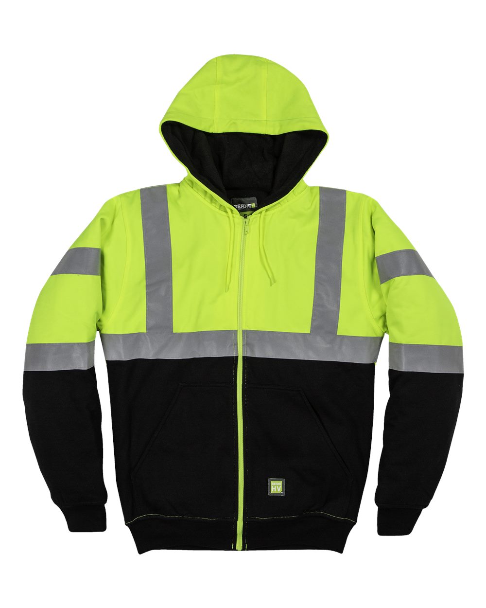 Front View of Hi Vis Yellow Hi-Vis Class 3 Color Block Full-Zip Hooded Sweatshirt - HVF023