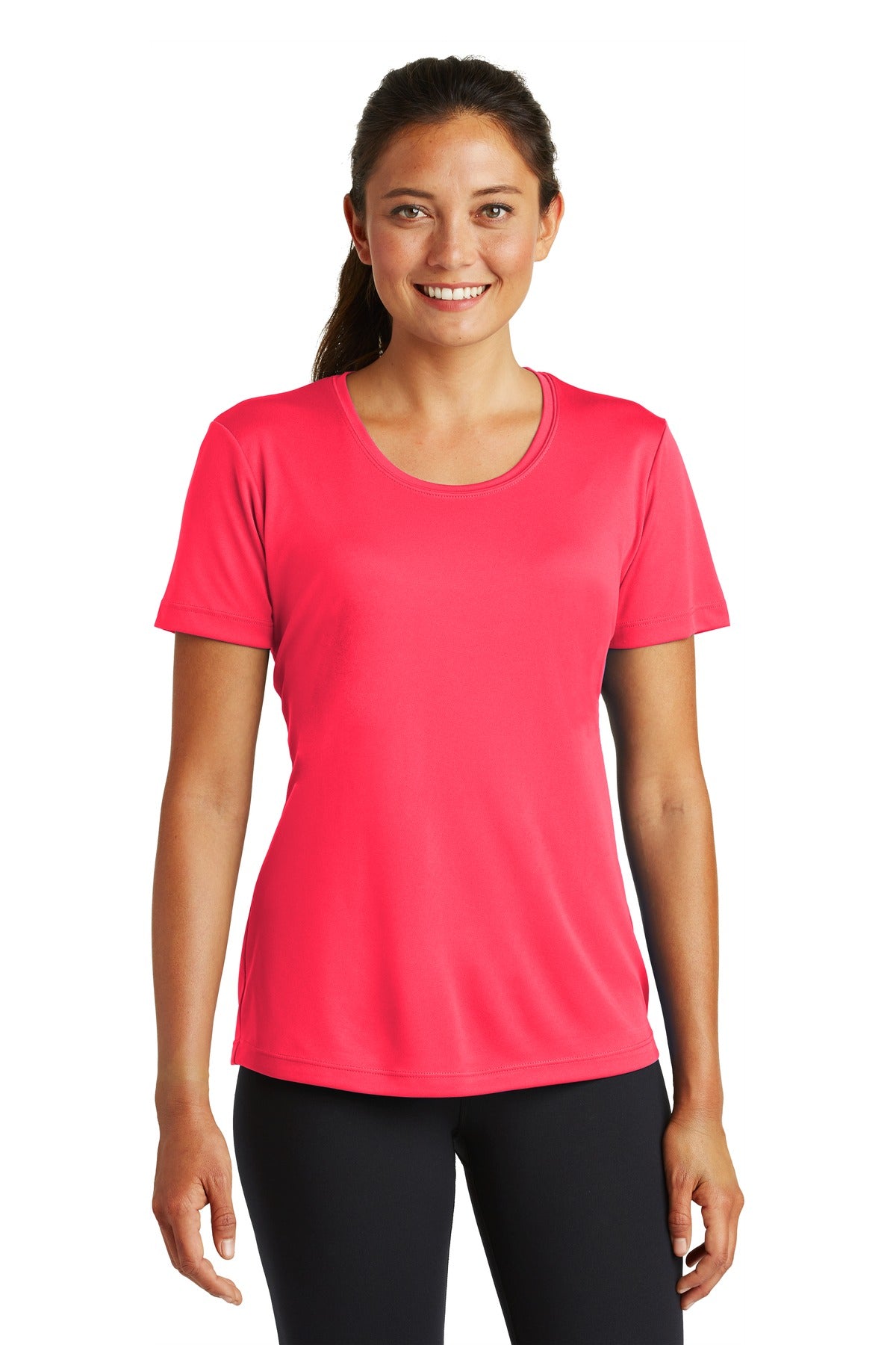 Front View of Hot Coral Sport-Tek Women's PosiCharge Competitor Tee. LST350