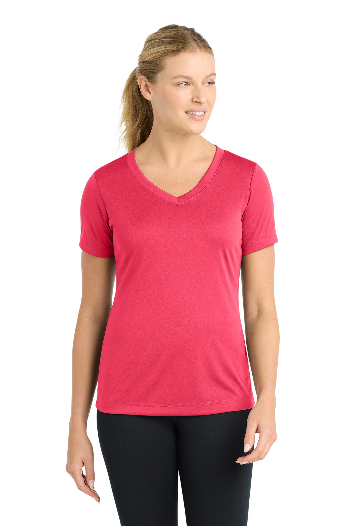 Front View of Hot Coral Sport-Tek Women's PosiCharge Competitor V-Neck Tee. LST353