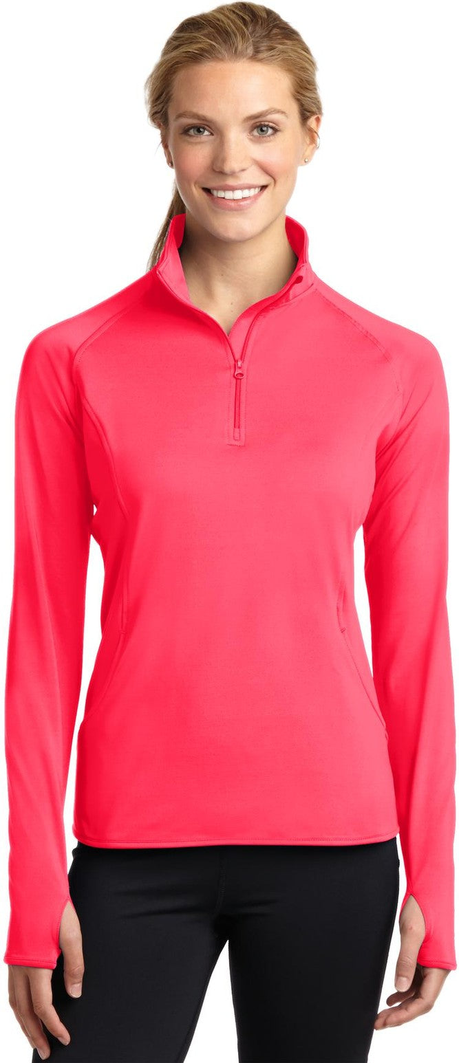 Front View of Hot Coral Sport-Tek Women's Sport-Wick Stretch 1/4-Zip Pullover. LST850